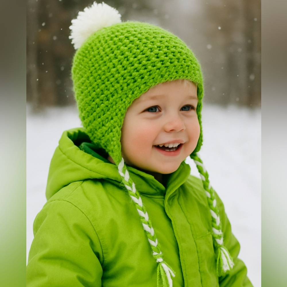 Handmade Green Crochet Earflap Hat with White Pom-Pom Beanie Child Size